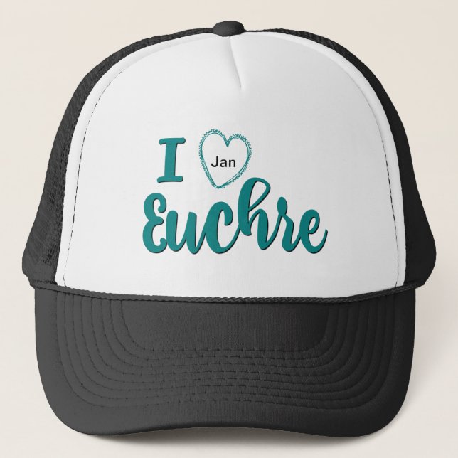 I Love Euchre Personalised Lettered Design Trucker Hat (Front)