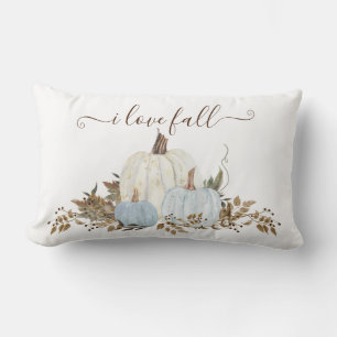 I Love Fall Dusty Blue White Pumpkins Country Lumbar Cushion