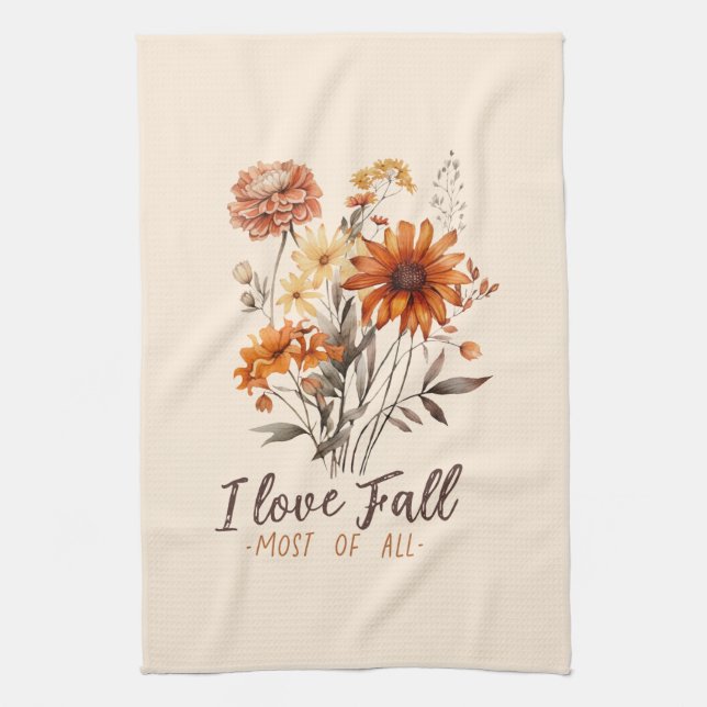 I Love Fall Most of All – Autumn Foliage Tea Towel (Vertical)
