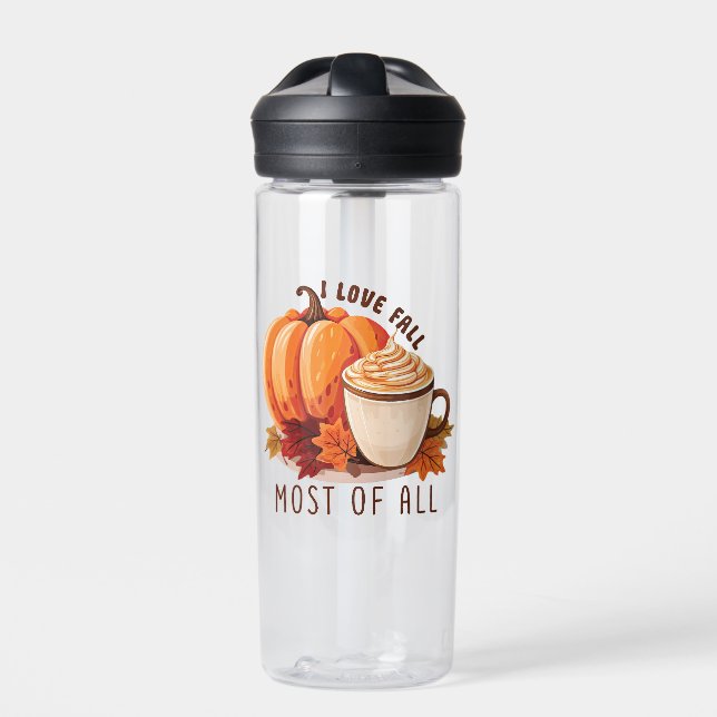 I Love Fall - Pumpkin and Pumpkin Spice Latte Water Bottle (Front)