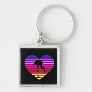 I Love Flamingos 80s Retro Heart Sunset Key Ring