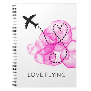 I Love Flying Heart Aeroplane Pink Clouds Fun Notebook