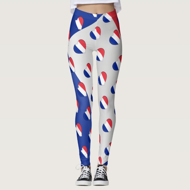 I Love France French Flag Hearts Pattern Funny Leggings (Front)