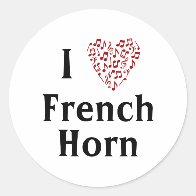 I Love French Horn Red Heart of Music Notes Classic Round Sticker (Front)
