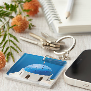 I love Greece Church Santorini blue photo and text Key Ring