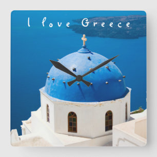 I love Greece Church Santorini blue photo and text Square Wall Clock
