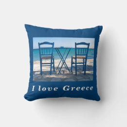 I love Greece taverna photo blue and white Cushion