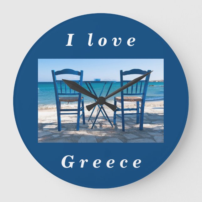 I love Greece taverna photo blue and white Large Clock (Front)