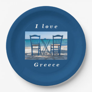 I love Greece taverna photo blue and white Paper Plate