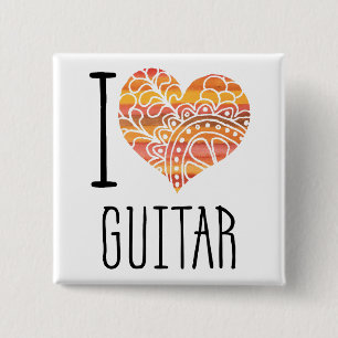 I Love Guitar Orange Mandala Heart 15 Cm Square Badge