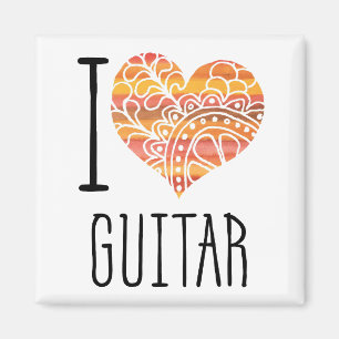 I Love Guitar Orange Mandala Heart Magnet