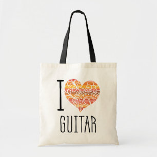 I Love Guitar Orange Mandala Heart Tote Bag