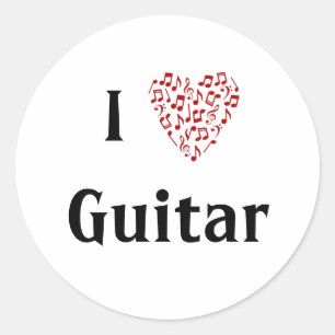 I Love Guitar Red Heart of Music Notes Classic Round Sticker
