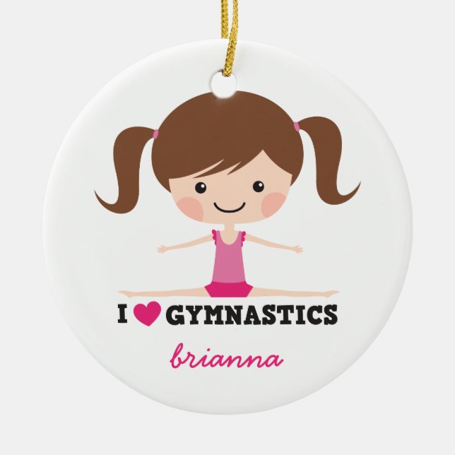 I love gymnastics cartoon girl personalised name ceramic ornament (Front)