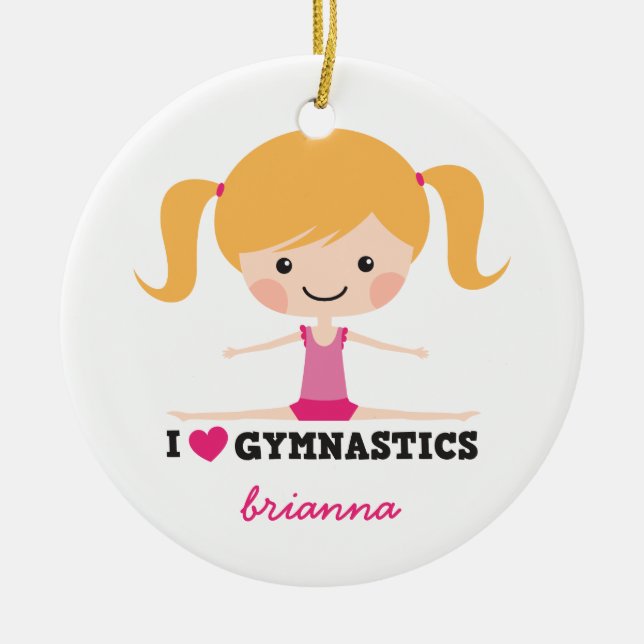 I love gymnastics cartoon girl personalised name ceramic ornament (Front)
