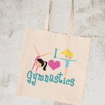 I Love Gymnastics Cute Gymnast Tote Bag<br><div class="desc">I Love Gymnastics. A pretty gymnastics girl gift with adorable teal text in between two tumbling girls and a beautiful pink heart. A cute gymnast present for a kids or women's gymnastic coach.</div>