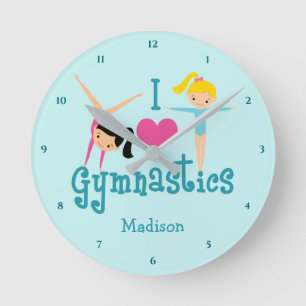 I Love Gymnastics Cute Personalised Teal Gymnast Round Clock