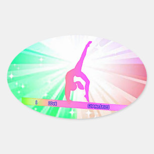 "I LOVE GYMNASTICS GLOSSY OVAL STICKERS. STICKER