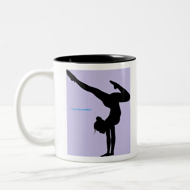 I Love Gymnastics- Gymnast with Lilac Background Two-Tone Coffee Mug (Left)