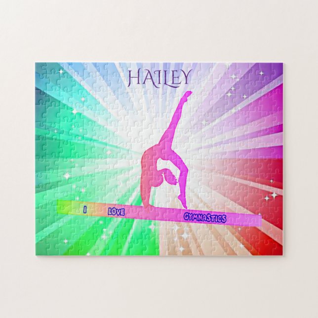 "I LOVE GYMNASTICS" lights puzzle with gymnast. (Horizontal)