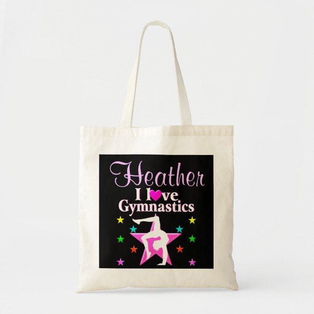 I LOVE GYMNASTICS PERSONALIZED PINK STAR TOTE BAG (Front)