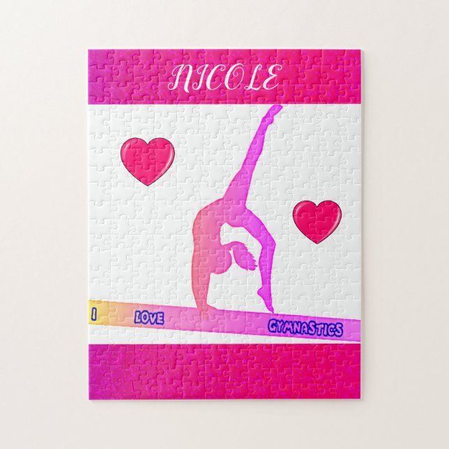 "I Love Gymnastics" puzzle with hearts. (Vertical)