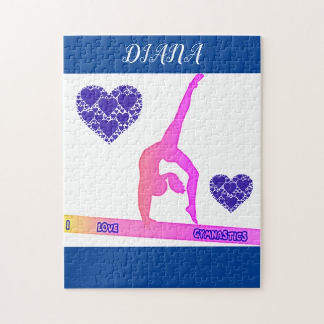 "I Love Gymnastics" puzzle with hearts. (Vertical)