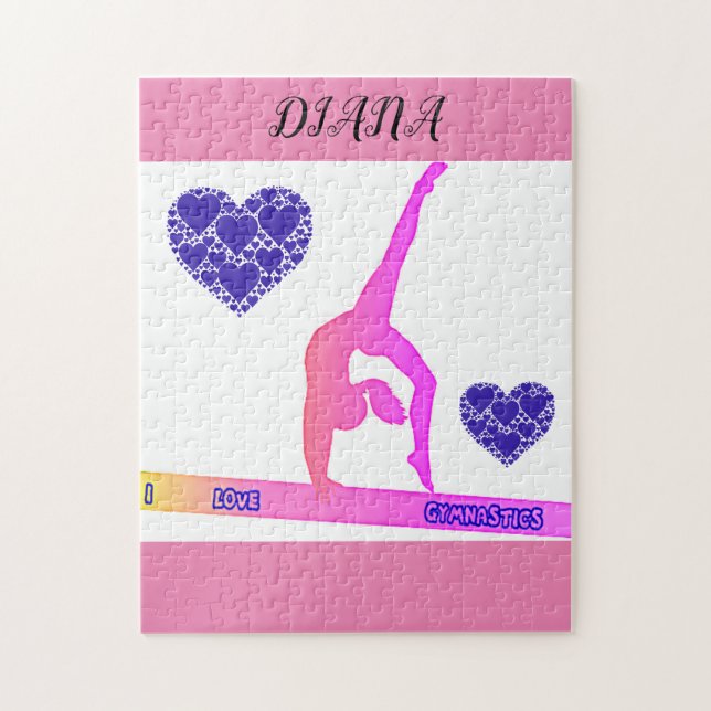 "I Love Gymnastics" puzzle with hearts. (Vertical)