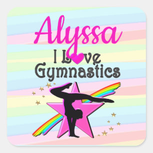 I LOVE GYMNASTICS SUPER STAR DESIGN SQUARE STICKER