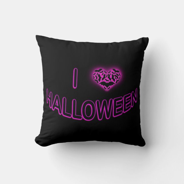 I Love Halloween (Batty Love Heart) Purple Cushion (Front)