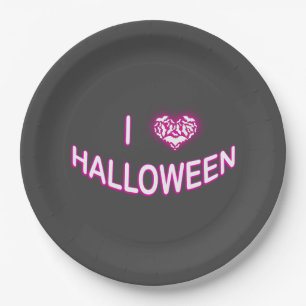 I Love Halloween (Batty Love Heart) Purple White  Paper Plate