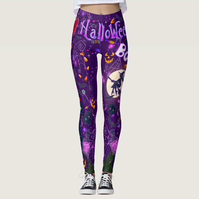 I Love Halloween Spooky Witch Purple Leggings (Front)