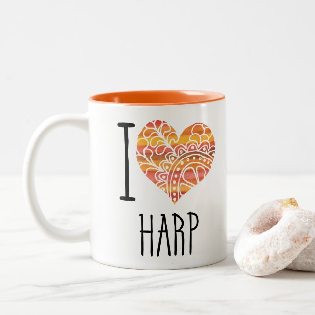 I Love Harp Orange Mandala Heart Two-Tone Coffee Mug (With Donut)