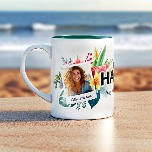 I love Hawaii Tropical Theme Photo Collage Coffee Two-Tone Coffee Mug (Start your day with our Tropical Flowers I Love Hawaii Coffee Mug. Add your photos and text.)