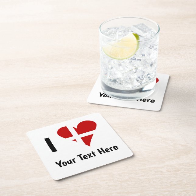 I  Love (Heart Danish Flag) Personalized Text Square Paper Coaster (Insitu)