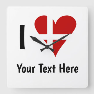 I Love (Heart Danish Flag) Personalized Text Square Wall Clock