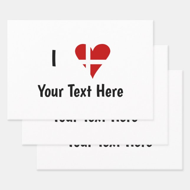 I  Love (Heart Danish Flag) Personalized Text Wrapping Paper Sheet (Set)
