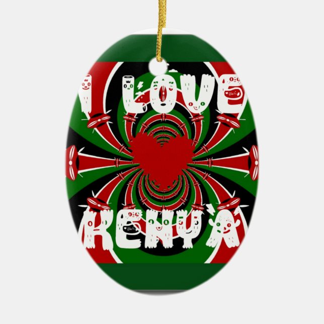 I Love Heart Kenya: Dynamic Flag Art Ceramic Tree Decoration (Front)