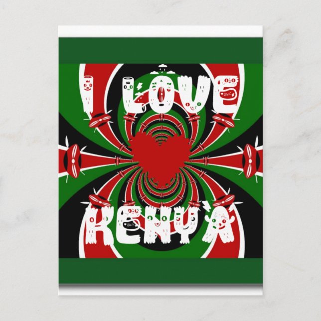 I Love Heart Kenya: Dynamic Flag Art Postcard (Front)