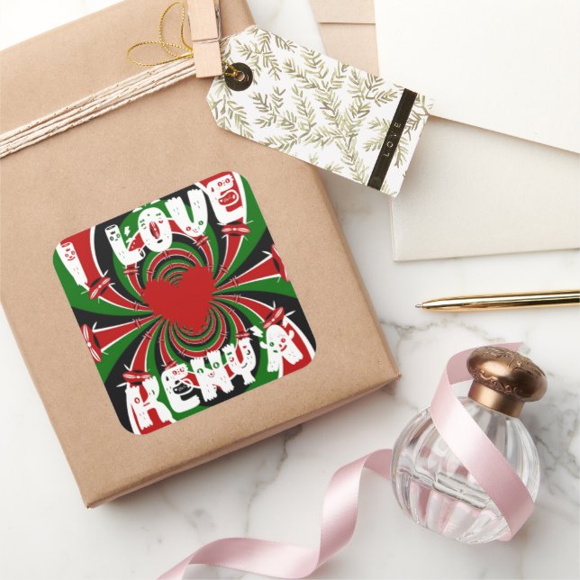 I Love Heart Kenya: Dynamic Flag Art Square Sticker (Gifting)