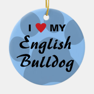 I Love (Heart) My English Bulldog Pawprint Ceramic Tree Decoration