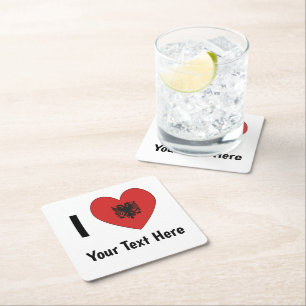 I LOVE (Heart Shaped Albanian Flag) Personalised Square Paper Coaster