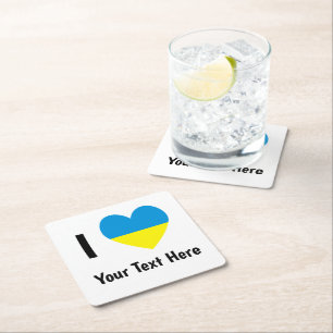 I Love (Heart Ukrainian Flag) Personalised Text Square Paper Coaster
