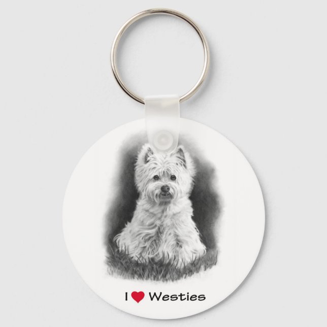I Love (Heart) Westies: Pencil Drawing Key Ring (Front)