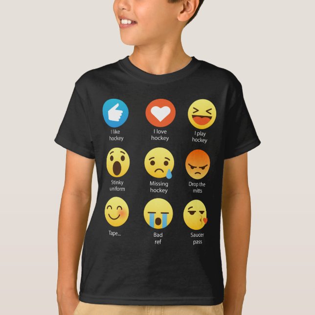 I Love Hockey Emoticon (emoji) Social (white font) T-Shirt (Front)