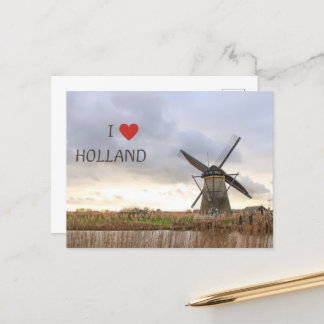 I love Holland windmills and fields postcard