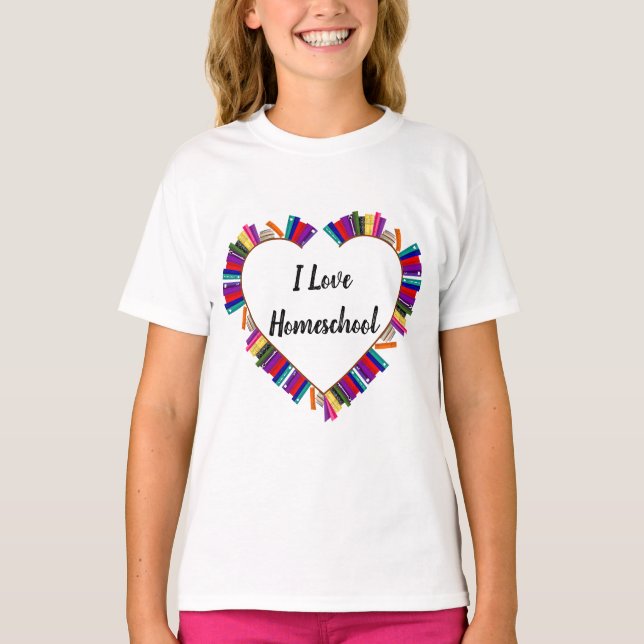 I love homeschool, homeschool kids heart bookshelf T-Shirt (Front)