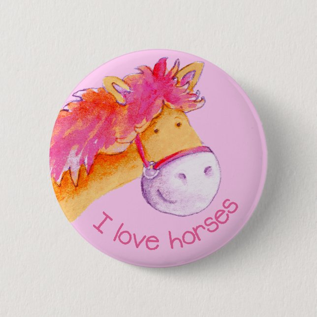 I love horses button/badge 6 cm round badge (Front)