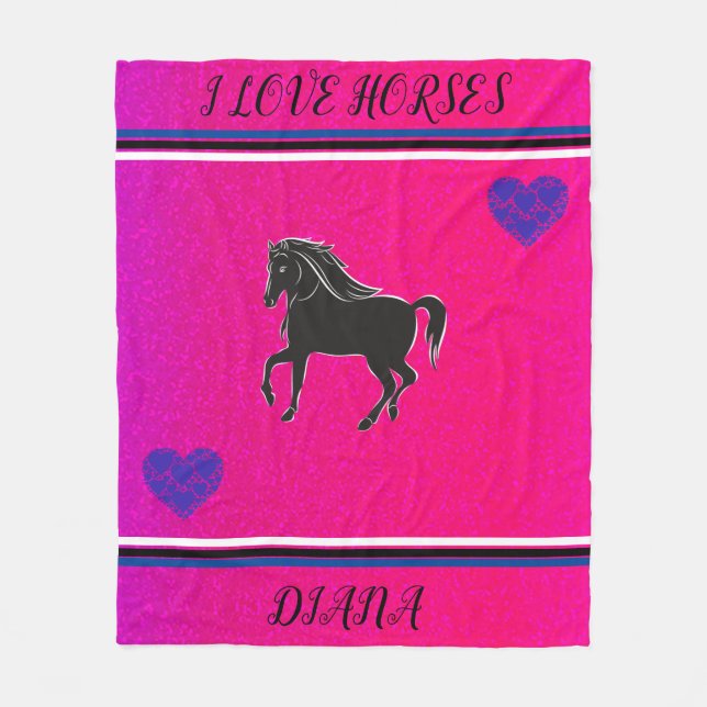 I LOVE HORSES PERSONALIZED PINK & BLACK HORSE FLEECE BLANKET (Front)