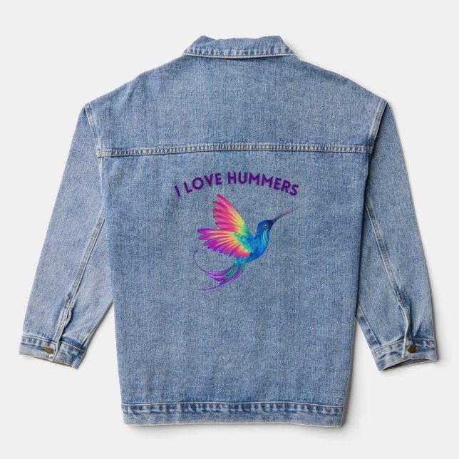 I Love Hummers Exotic Rainbow Hummingbird Flying Denim Jacket (Back)